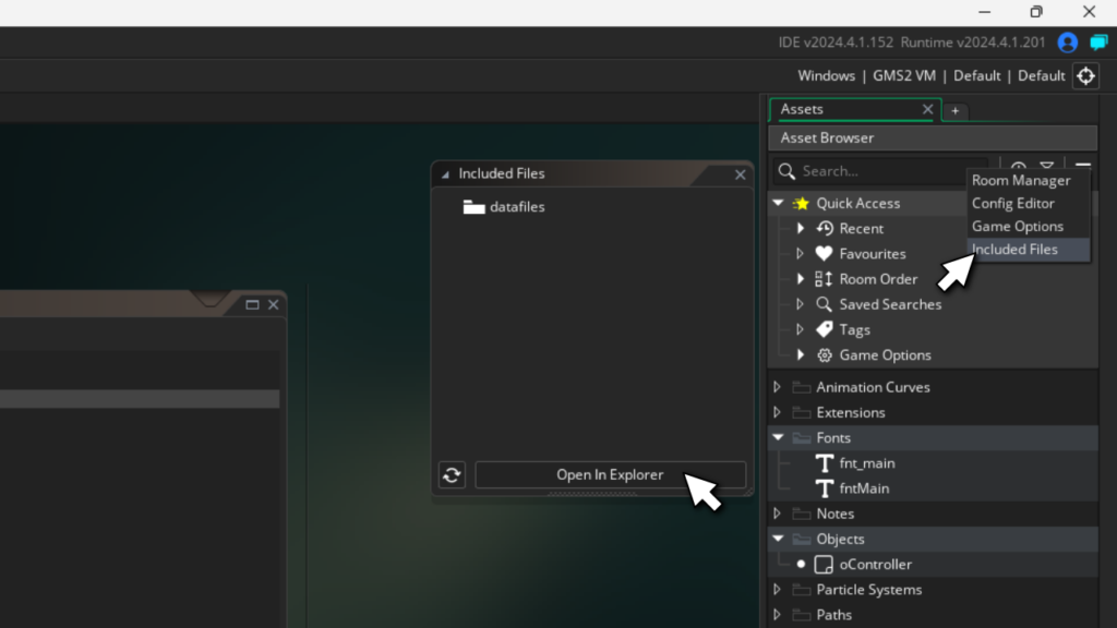 The image shows the hamburger menu in the top-right of GameMaker being clicked to open the Included Files menu, and then the button "Open In Explorer" which needs to be pressed next.