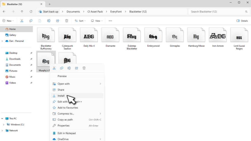 The image shows the windows file explorer, with the submenu to install a font file.