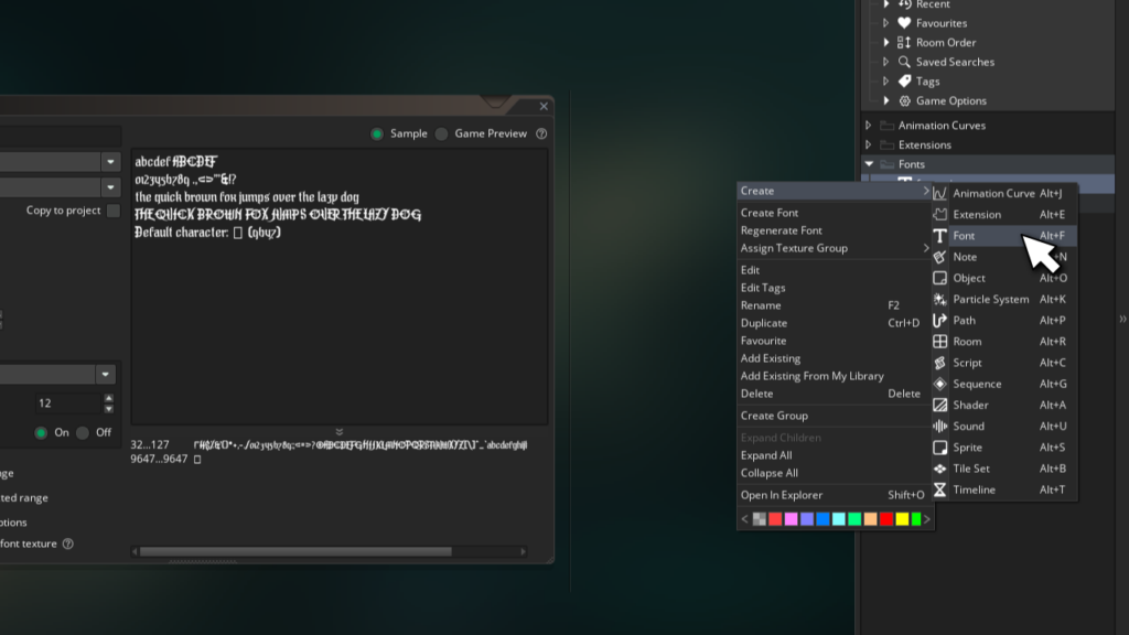 The image shows the GameMaker editor with the Create resource menu open and "Font" highlighted.