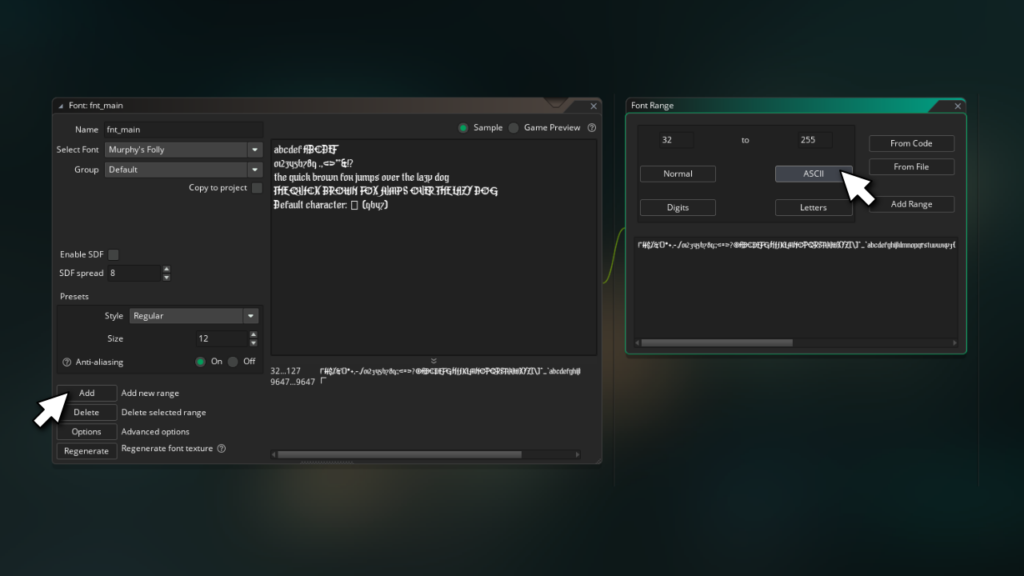 The image shows the Add Range window of the font resource window in GameMaker, with an arrow hovering over the button to add ASCII characters.