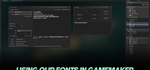 Using our fonts in GameMaker: A screenshot of the GameMaker window with this title overlaid.