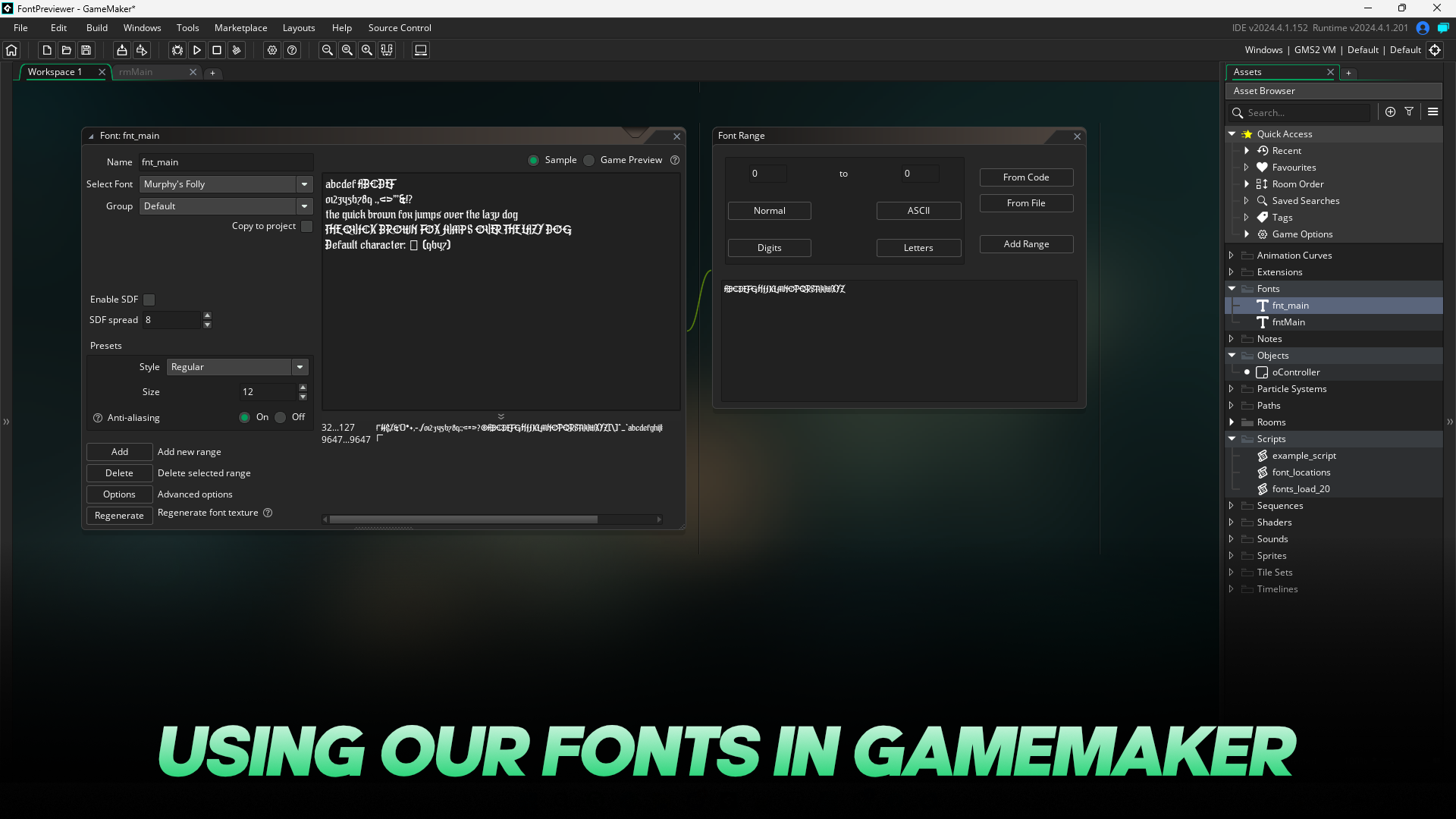 Using our fonts in GameMaker: A screenshot of the GameMaker window with this title overlaid.