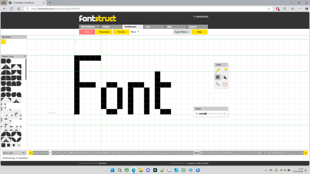 The CI GameDev font, open in Fontstruct. I made it spell Font just for effect.