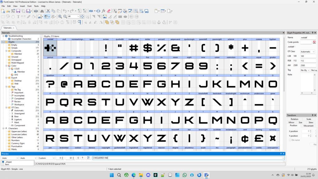 Telematic font open in High Logic Font Creator