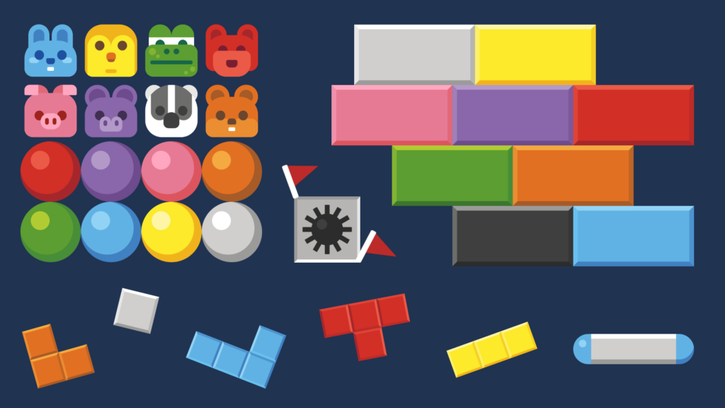 A preview image showing the pack contains animals, balls, blocks, polyominoes and mine sweeping graphics.