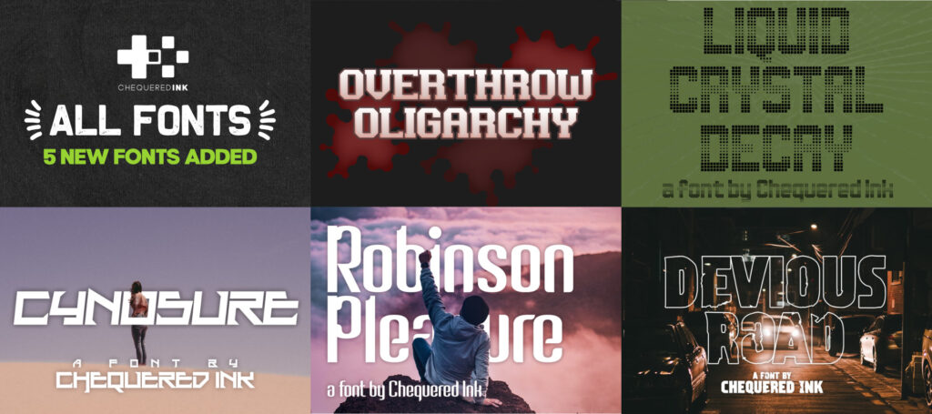 Images of the five new fonts added to the All Fonts Pack. Descriptions are in the text below the image.